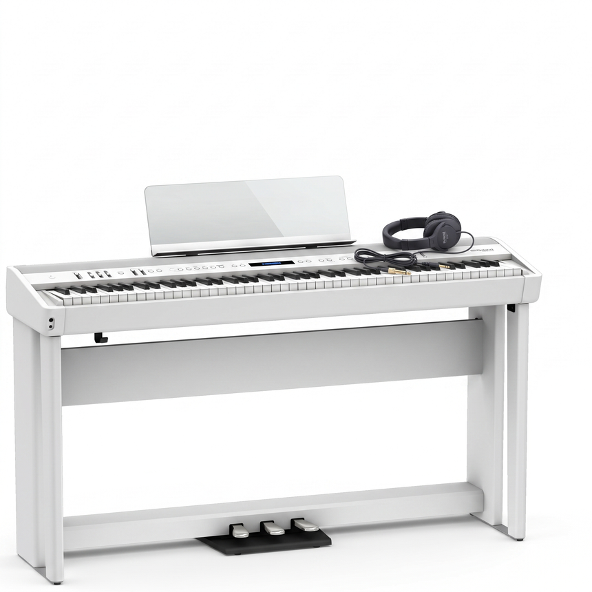 Roland Stagepiano FP-90X Weiß Bundle mit Ständer und Pedalleiste, Kopfhörer – bundle-hero