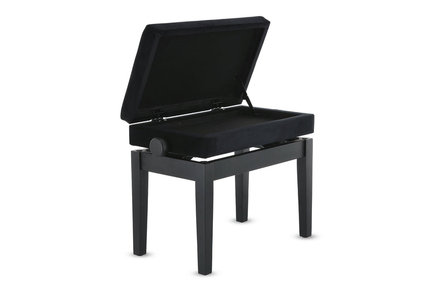 GEWA 130.500 piano bench, matt black – open music compartment, angled view