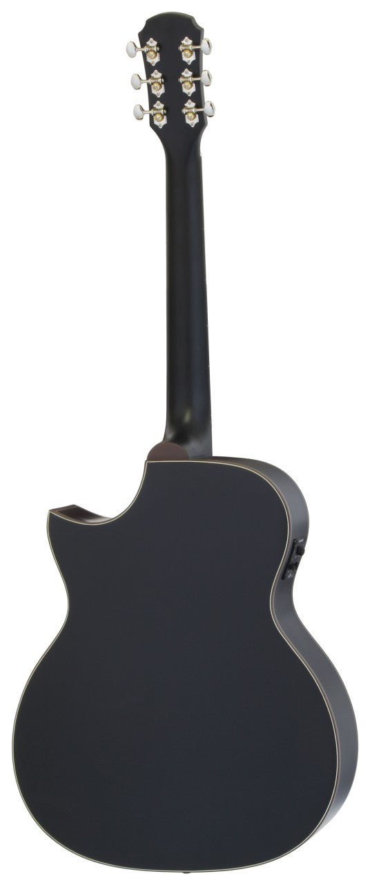 ARIA 101 CE MTBK Akustikgitarre schwarz matt mit Tonabnehmer Set inkl. Tasche, Gurt, Kapodaster und Tuner