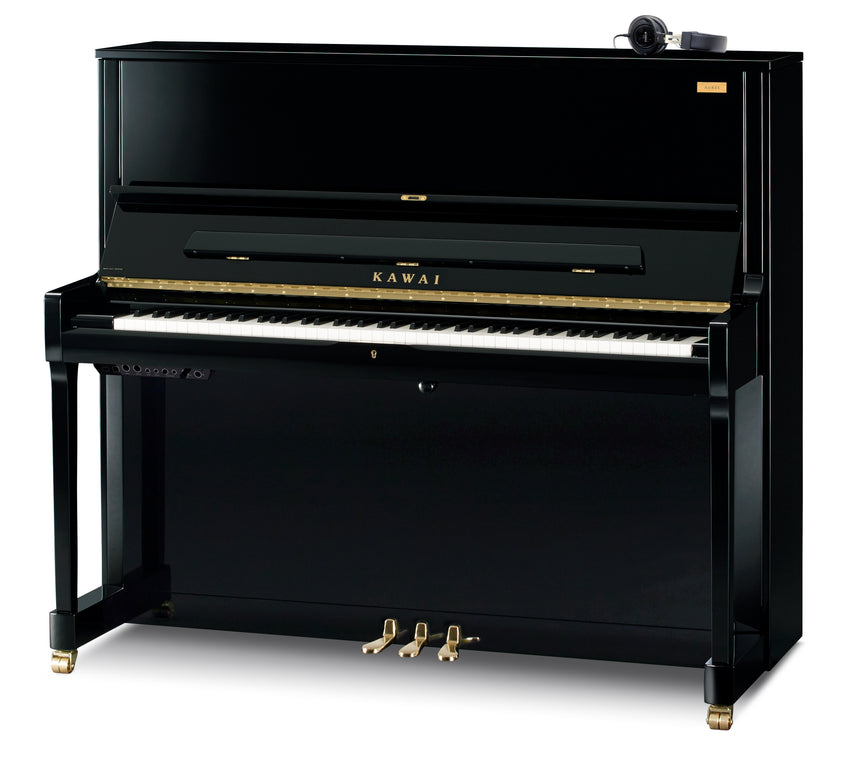 Kawai K-500 AURES 2 upright piano in polished ebony with brass fittings, control unit and headphones