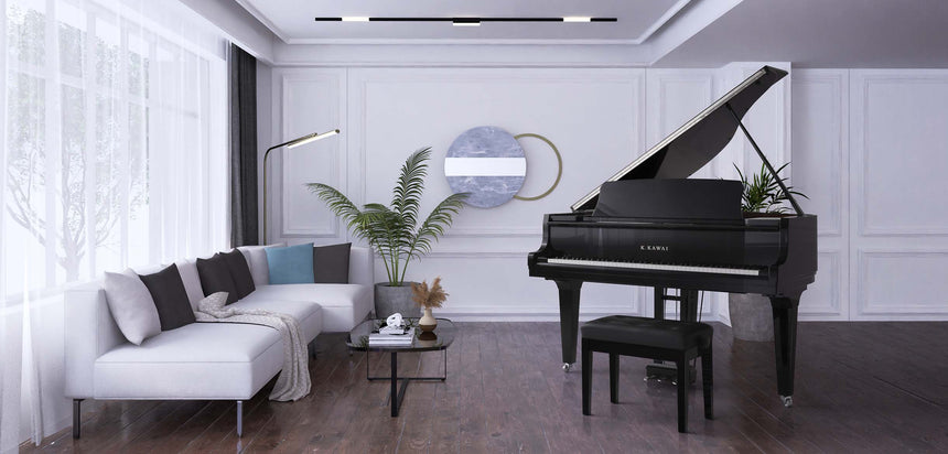 Kawai GL-10 grand piano in polished ebony with chrome fittings and open lid in a living room
