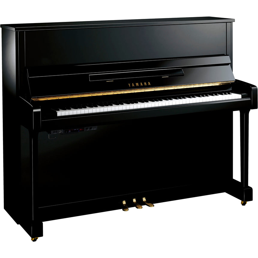 Piano droit Yamaha b3 TC3 noir brillant – vue de trois quarts avec commande TC3.