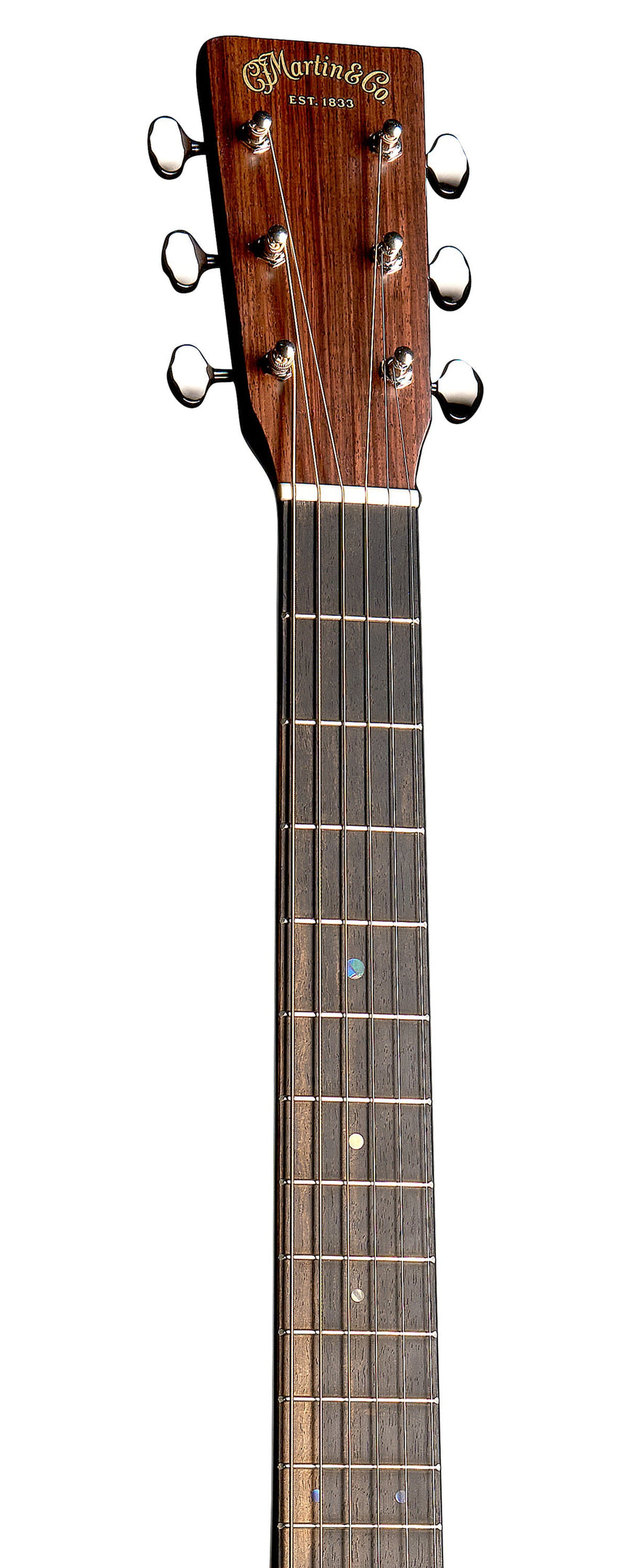 Martin DE-RM Retro Mahogany acoustic guitar with natural Aging Toner finish – detail of the headstock and neck.