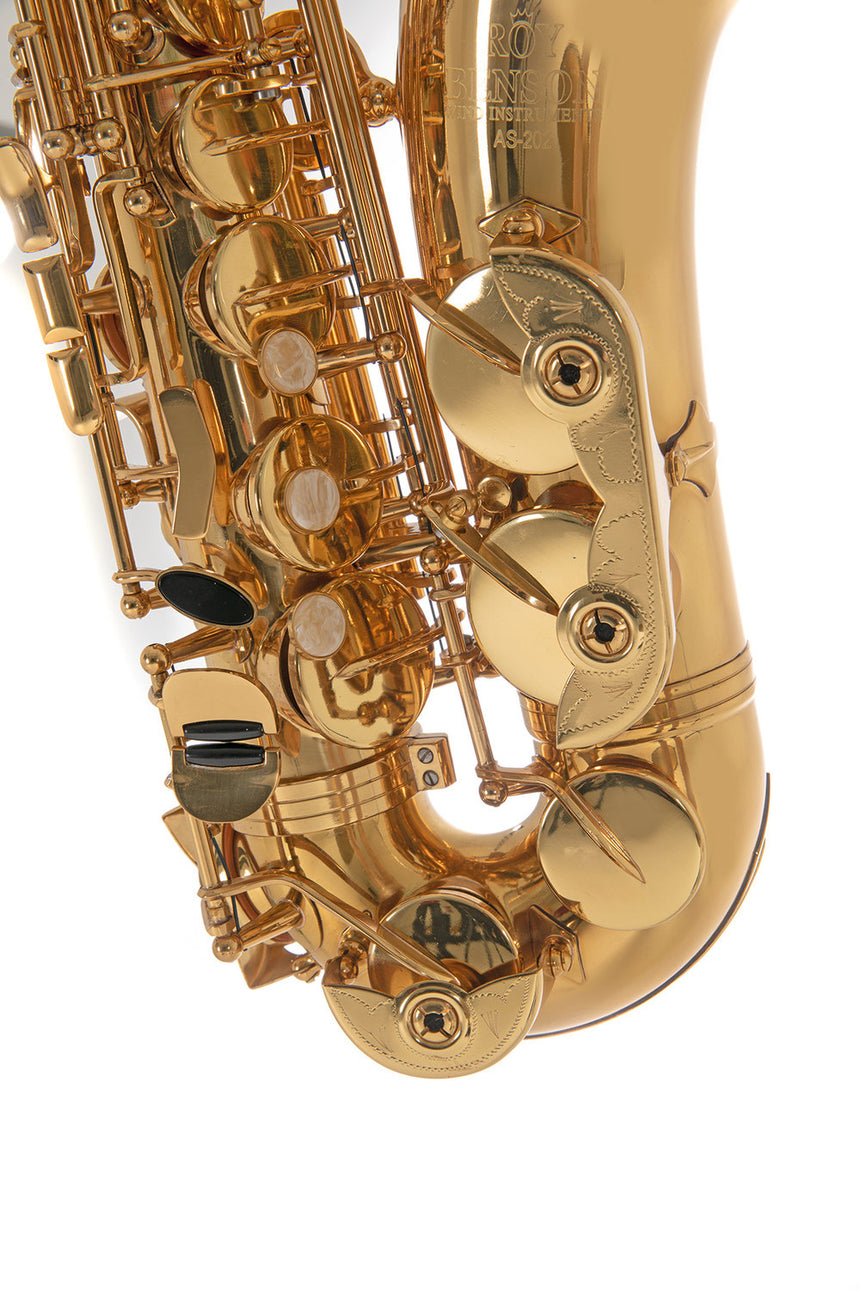 Roy Benson AS-202 alto saxophone in gold lacquer – lower keywork detail