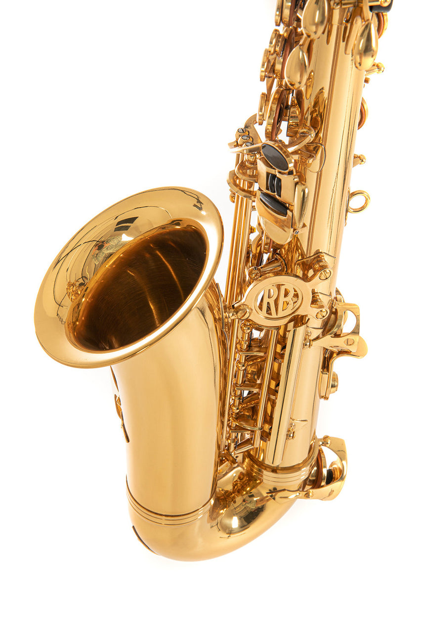 Roy Benson AS-202 alto saxophone in gold lacquer – bell and keywork detail
