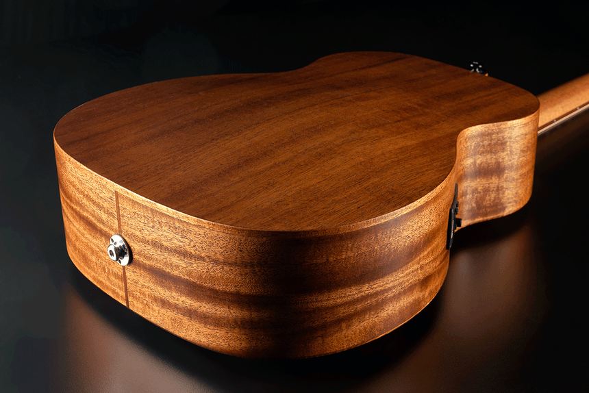 Lâg ESCAPADE-GTE Reisegitarre mit Globe-Trotter-Motiv – Detail von Boden und Zarge