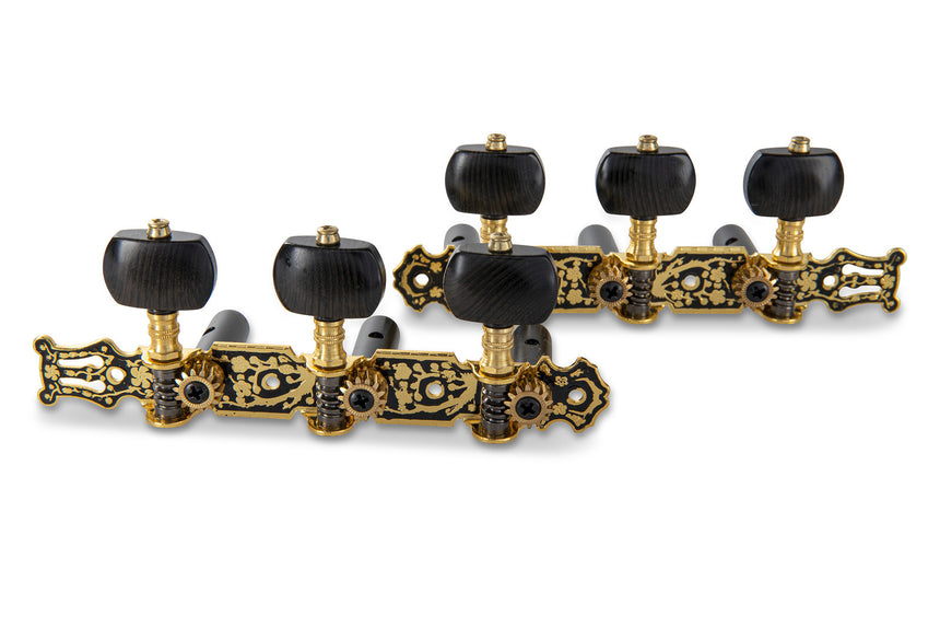 GEWA Fire & Stone 545.345 Klassikgitarrenmechaniken, schwarz-gold – Vorderseite beider Mechanikleisten