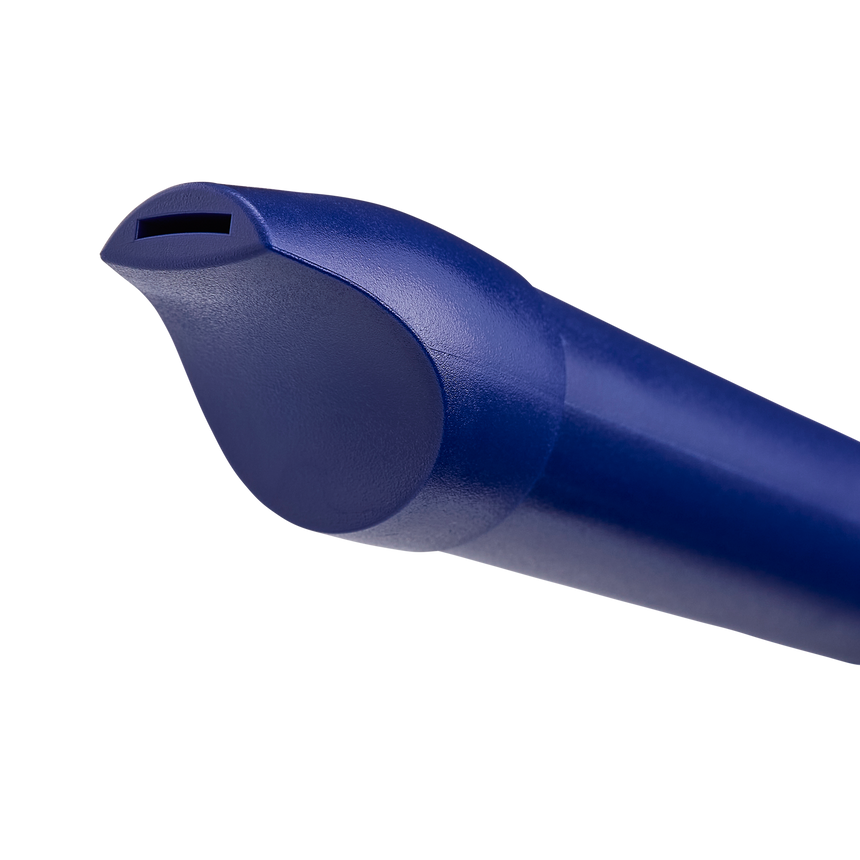 Moeck Flauto 1 Plus 1023 Sopranblockflöte, blau, barocke Griffweise – Detail des blauen Kopfstücks und der Mundöffnung