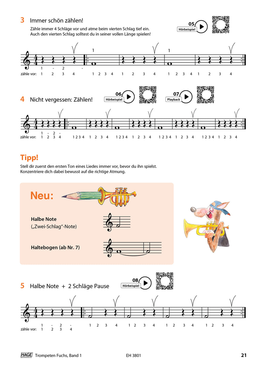 Trompeten-Fuchs Band 1 EH3801 avec codes QR, exercices musicaux à la page 21