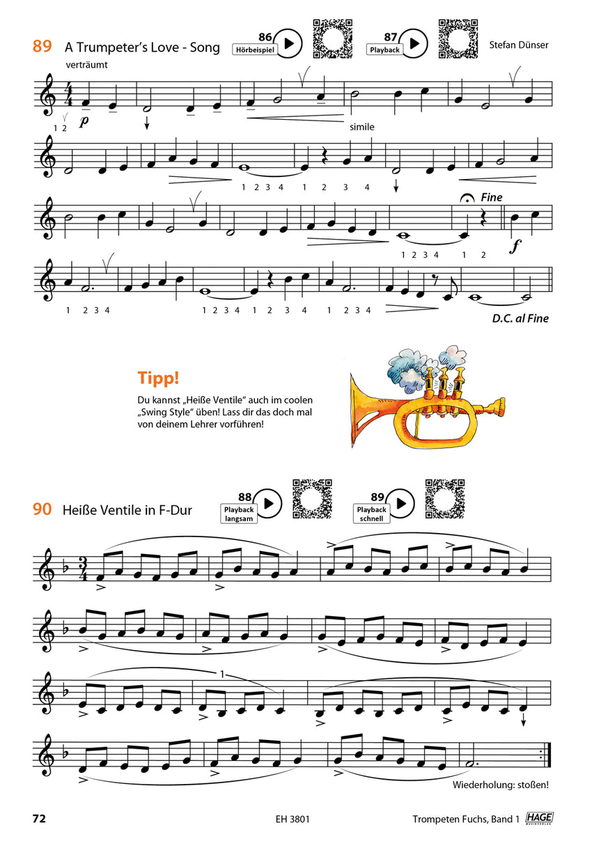 Trompeten-Fuchs Band 1 EH3801 avec codes QR, morceaux et exercices de pistons à la page 72
