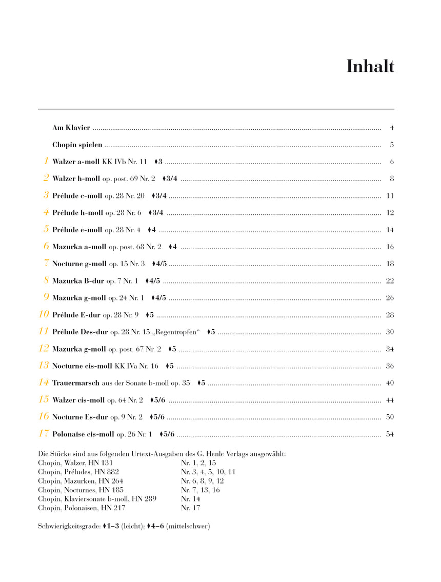 Chopin Am Klavier HN 1810 – contents of the 17 original pieces