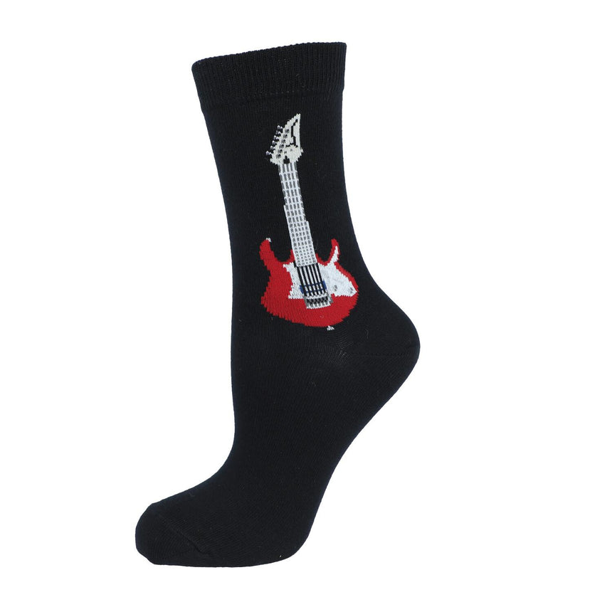 Black Kübler sock stretched to show the red and white electric guitar pattern, on white