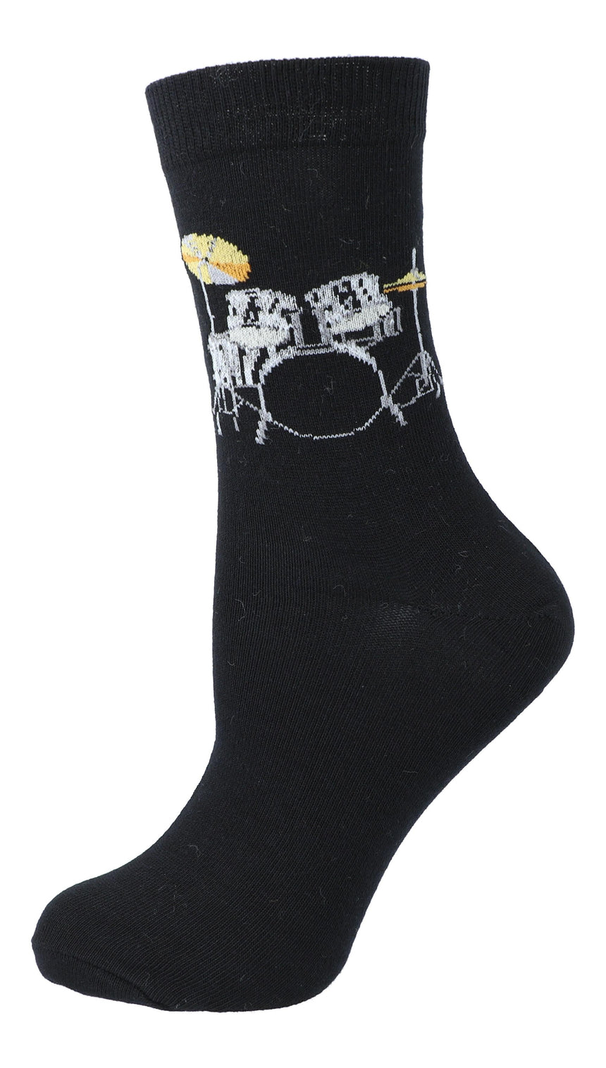 Kübler SODR Schlagzeug Socken – schwarze Socke gespannt, Motiv Schlagzeug auf weißem Hintergrund