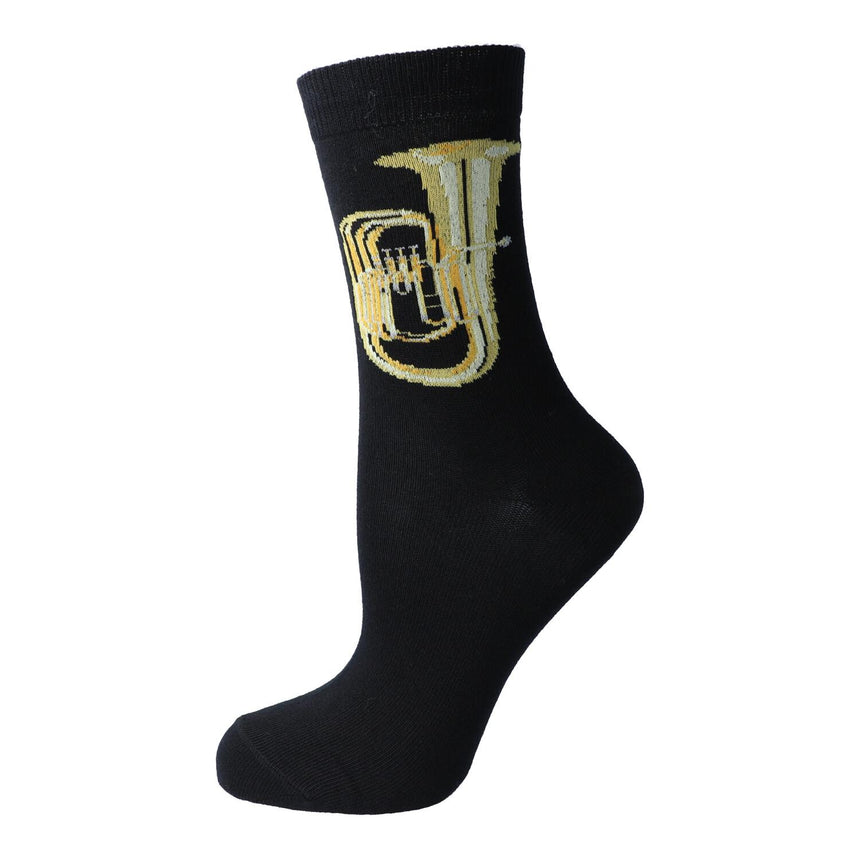 Kübler SOTU Tuba Socken – schwarze Socke gespannt, Motiv Tuba auf weißem Hintergrund