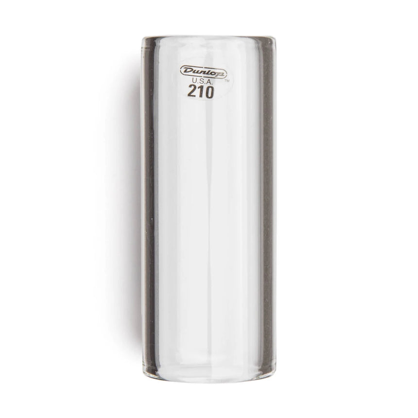 Dunlop 210 Glass Medium Wall Medium Slide, Transparentes Glas, Modell 210 – Aufrechte Gesamtansicht auf Weiß mit Modellaufdruck 210