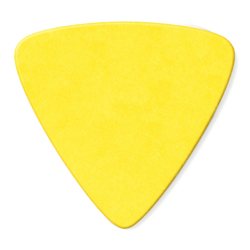 Unprinted back of a yellow 0.73 mm Dunlop Tortex Triangle pick