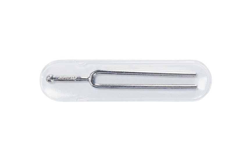 K&M 168 nickel-plated tuning fork in a clear sleeve