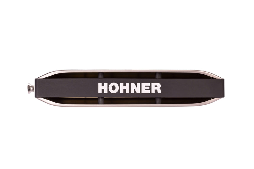 Hohner New Super 64 in C, stainless-steel covers and black comb – rear view showing the comb