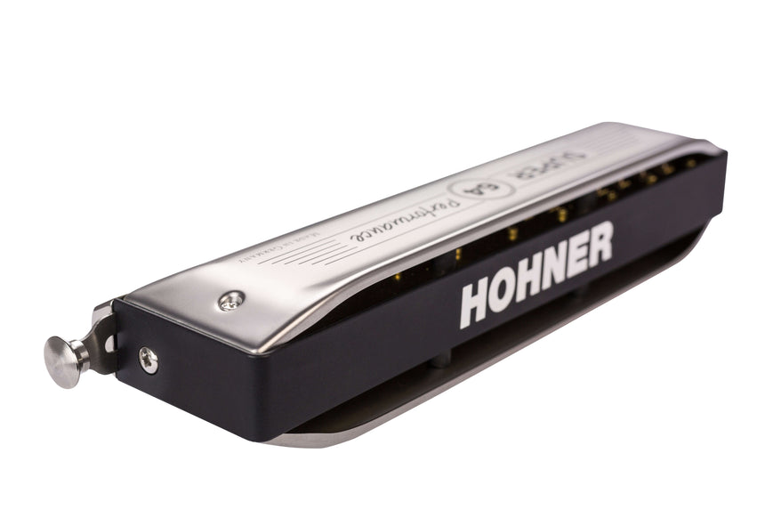Hohner New Super 64 in C, stainless-steel covers and black comb – three-quarter rear view
