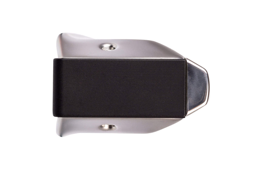 Hohner New Super 64 in C, stainless-steel covers and black comb – end view