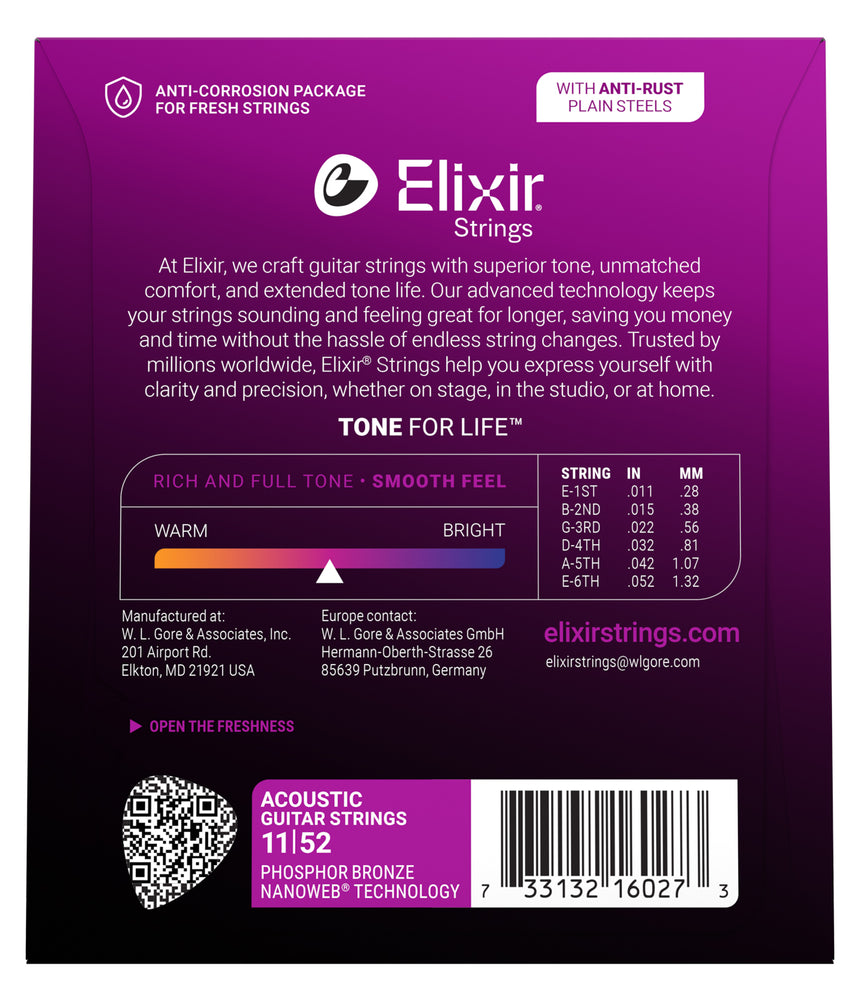 Elixir 16027 NANOWEB Phosphor Bronze 11/52 Custom Light – Rückseite mit Saitenstärken und Artikelnummer
