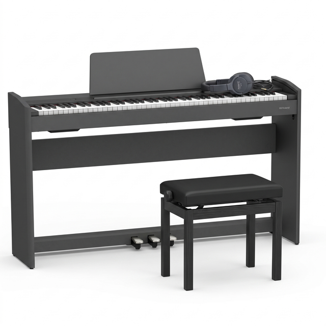 Roland F-107 Schwarz Matt Bundle mit Bank und Kopfhörer – bundle-hero