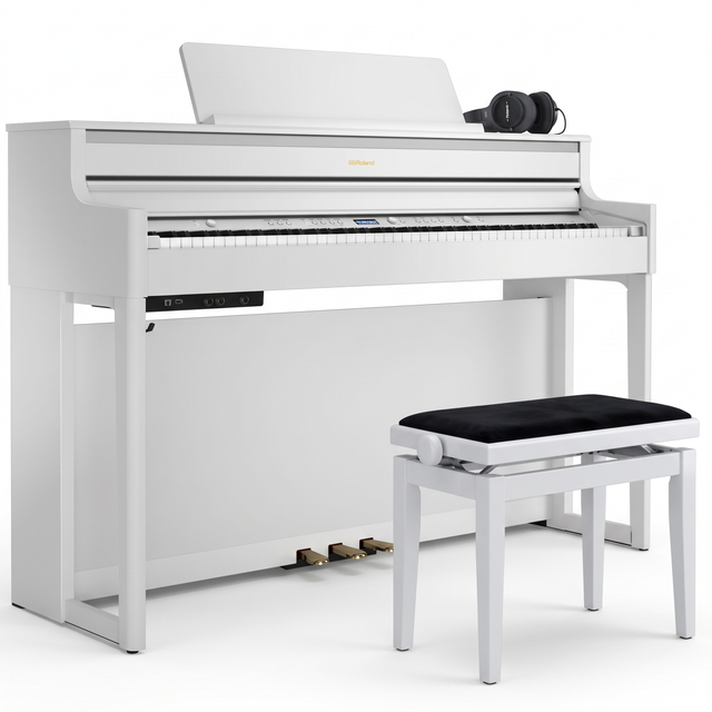 Roland HP-704 Bundle Weiß Matt mit Bank und Kopfhörer – bundle-hero