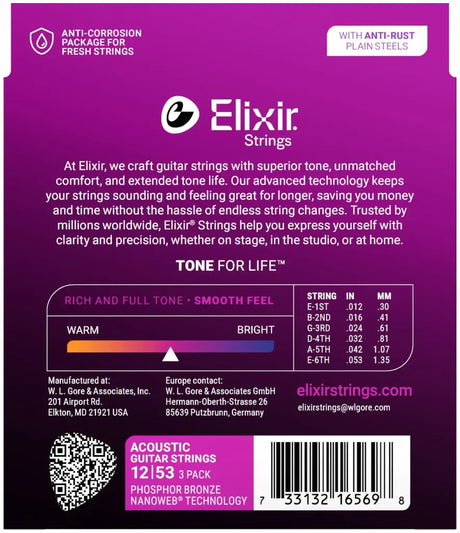 Elixir Nanoweb Phosphor Bronze Westerngitarrensaiten 3-er Pack - Musik-Ebert Gmbh