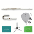 Yamaha YFL-272 Querflöte Kinder-Set – Set-Bild mit gebogenem Kopfstück, Ständer und Pflegeset
