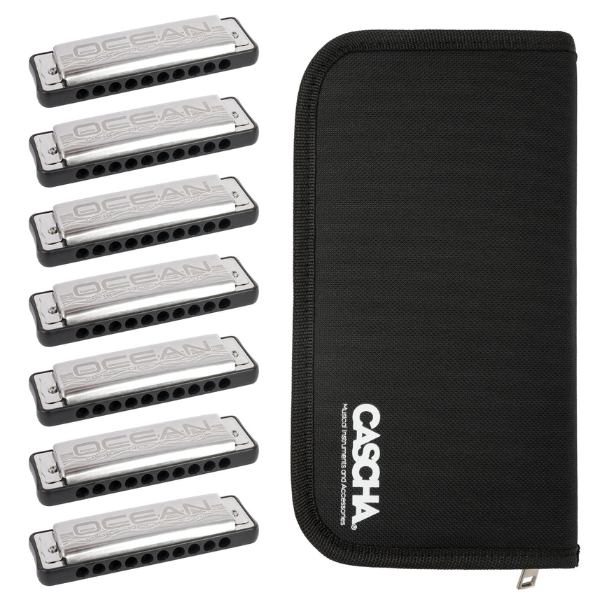 Cascha Ocean Rock Blues Mundharmonika Black 7er Set C-D-E-F-G-A-Bb mit Tasche – diatonisch nach Richter, 10 Loch mit Phosphor-Bronze-Stimmzungen (Kopie)
