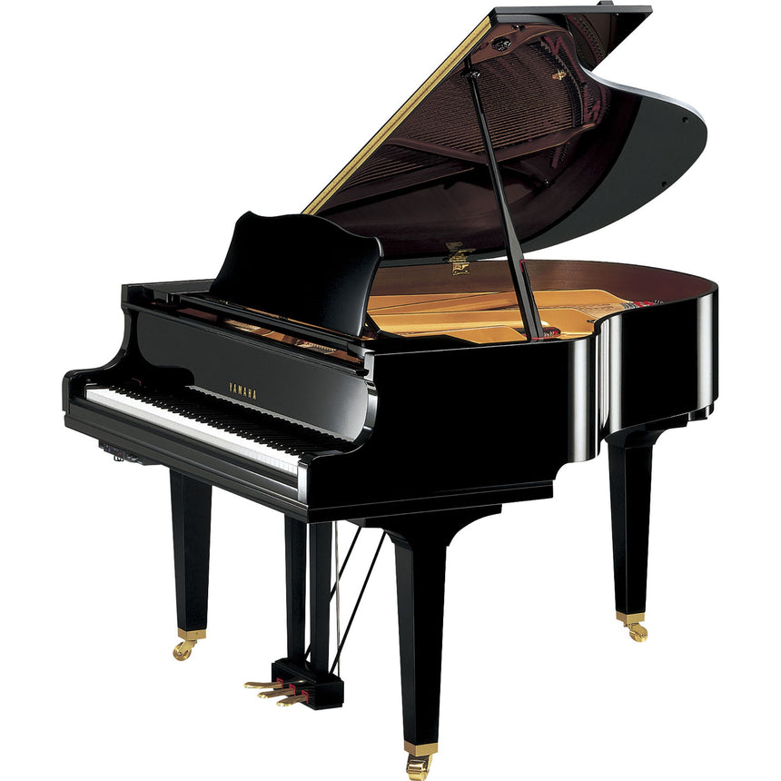 Yamaha GC1 TA3 Flügel in Schwarz poliert mit geöffnetem Deckel und TransAcoustic-Steuereinheit
