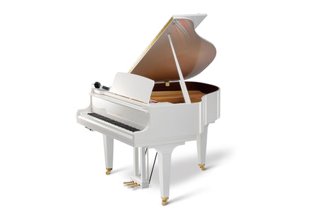 Kawai GL-10 ATX4 grand piano in polished white with brass fittings, open lid and control unit