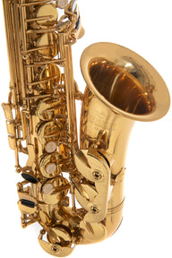 Roy Benson AS-202 alto saxophone in gold lacquer – bell and keywork detail