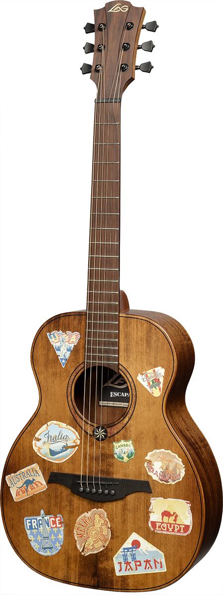 Lâg ESCAPADE-GTE Reisegitarre mit Globe-Trotter-Motiv – Vorderansicht
