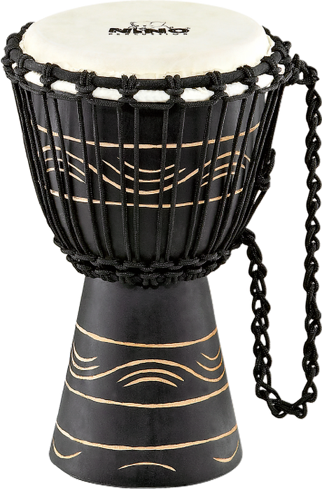 NINO-ADJ4-XS Djembe, 7 Zoll, Moon Rhythm, schwarz mit Naturfell – Frontalansicht mit Schnurspannung