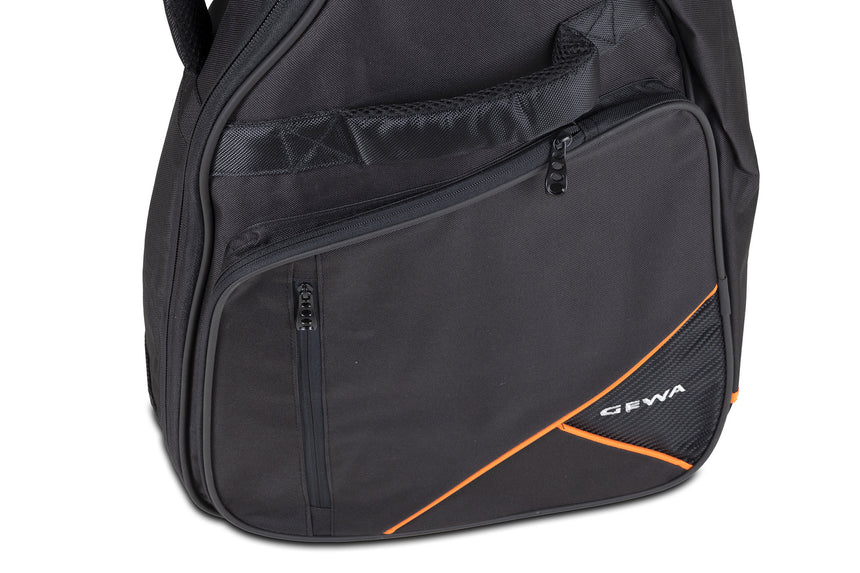GEWA Premium 20 black acoustic guitar gig bag – front detail with GEWA logo