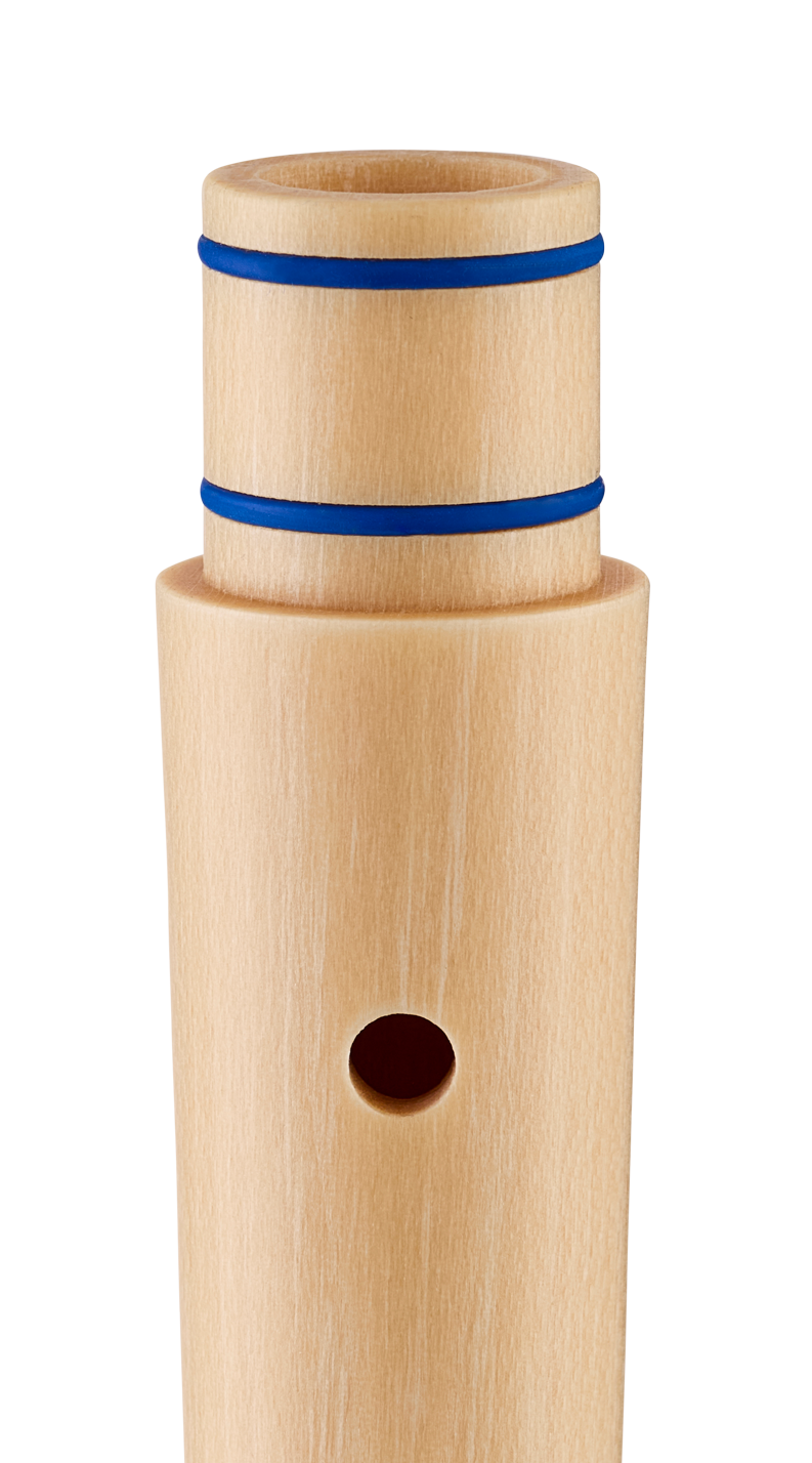 Moeck Flauto 1 Plus 1023 Sopranblockflöte, blau, barocke Griffweise – Detail des Anschlusszapfens mit blauen Dichtungsringen