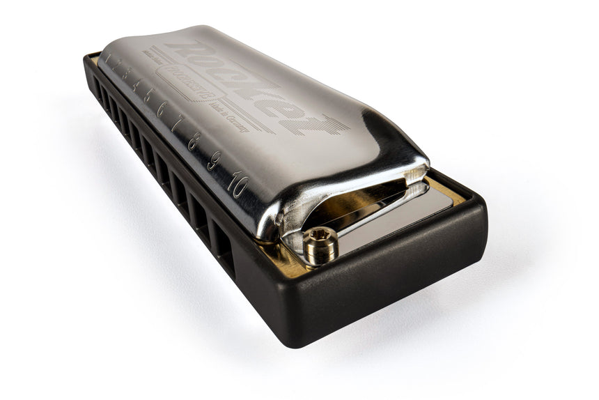 HOHNER Rocket diatonic harmonica, stainless steel covers and grey ABS comb – angled close-up