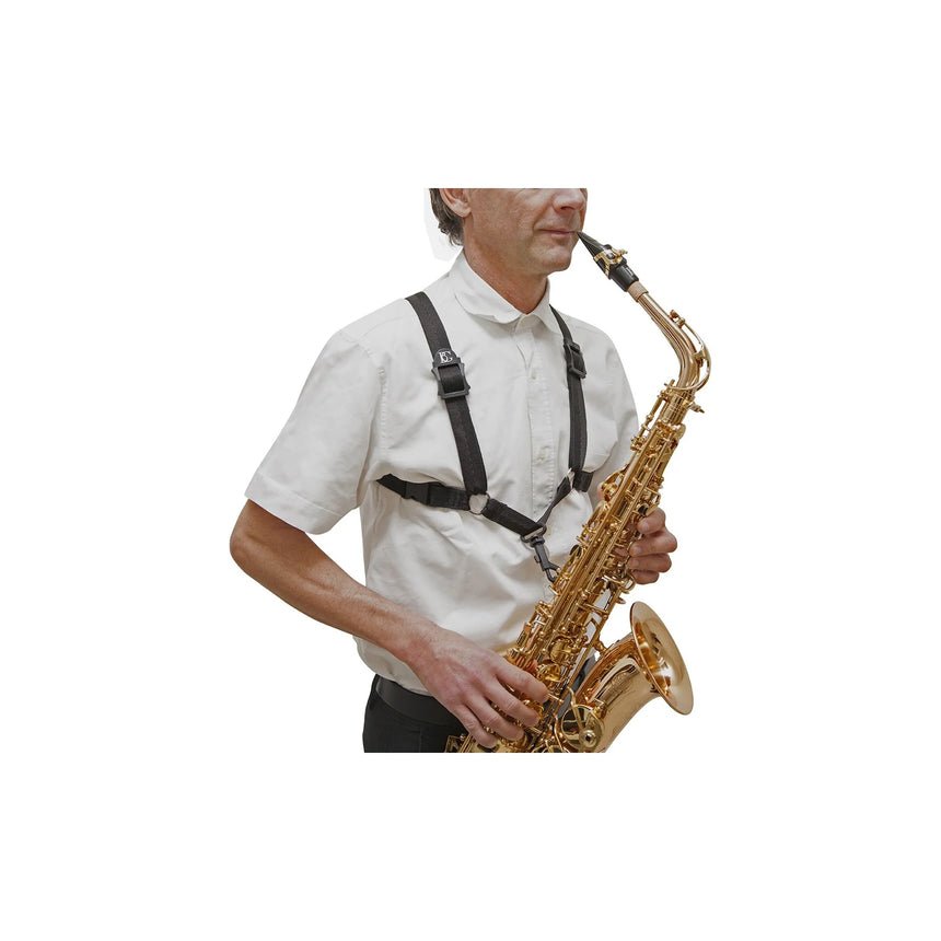 Harnais de saxophone BG S43SH noir pour homme XL – porté en jouant du saxophone
