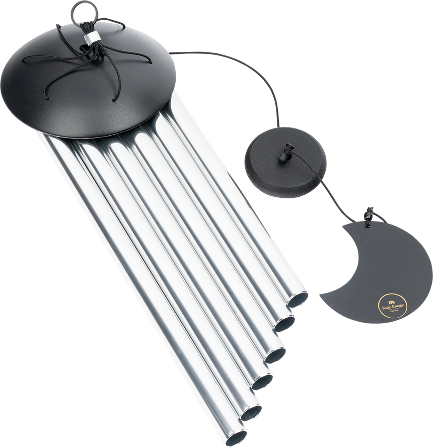Silver Meinl Sonic Energy MMC32S Moon Meditation Chime, 32 inches – angled view of tubes and pendulum