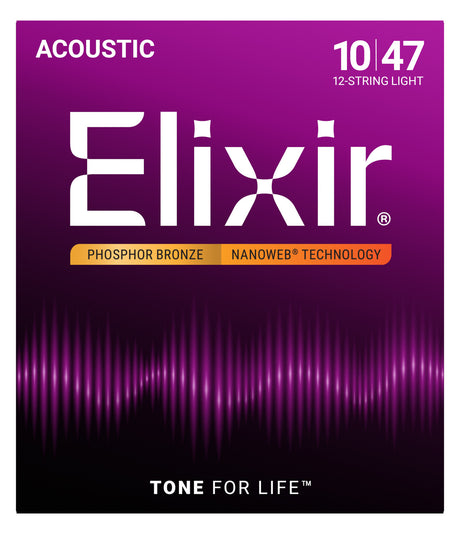 Elixir NANOWEB Phosphor Bronze 16152 – Packungsvorderseite, 12-saitig, Stärke .010–.047