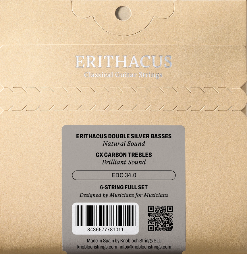 Knobloch Erithacus EDC34.0 guitar string set, medium-high tension – back of packaging with barcode