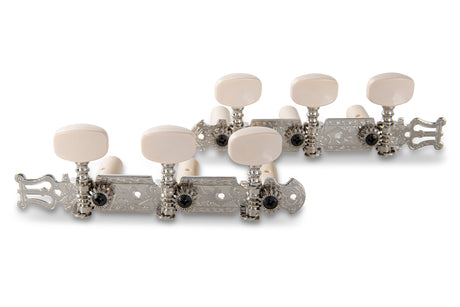 GEWA F&S nickel-plated classical guitar tuning machine set with lyre plates and six white buttons, front view.