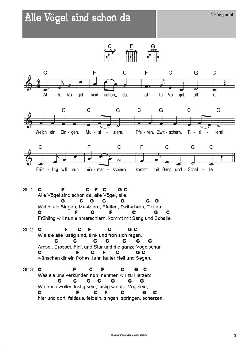 100 chansons pour enfants pour guitare BOE7828 – extrait Alle Vögel sind schon da