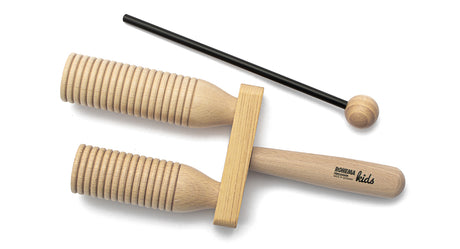 ROHEMA 61544 zweistimmiges Holz-Agogo aus lackierter Buche natur mit Schlägel