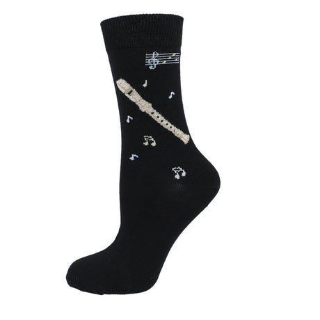 Chaussette Kübler noire tendue, motif flûte à bec, sur fond blanc