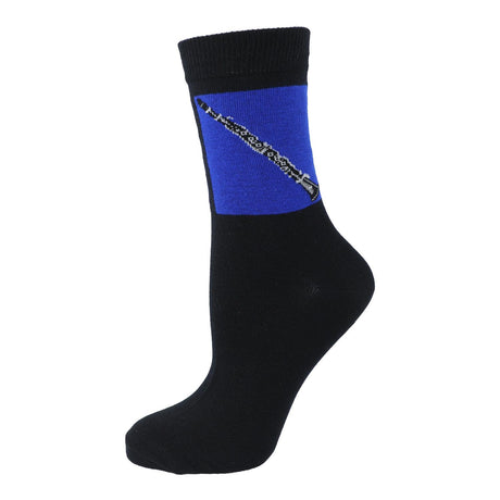 Chaussette Kübler SOCL noire tendue, motif clarinette dans un encadré bleu, sur fond blanc