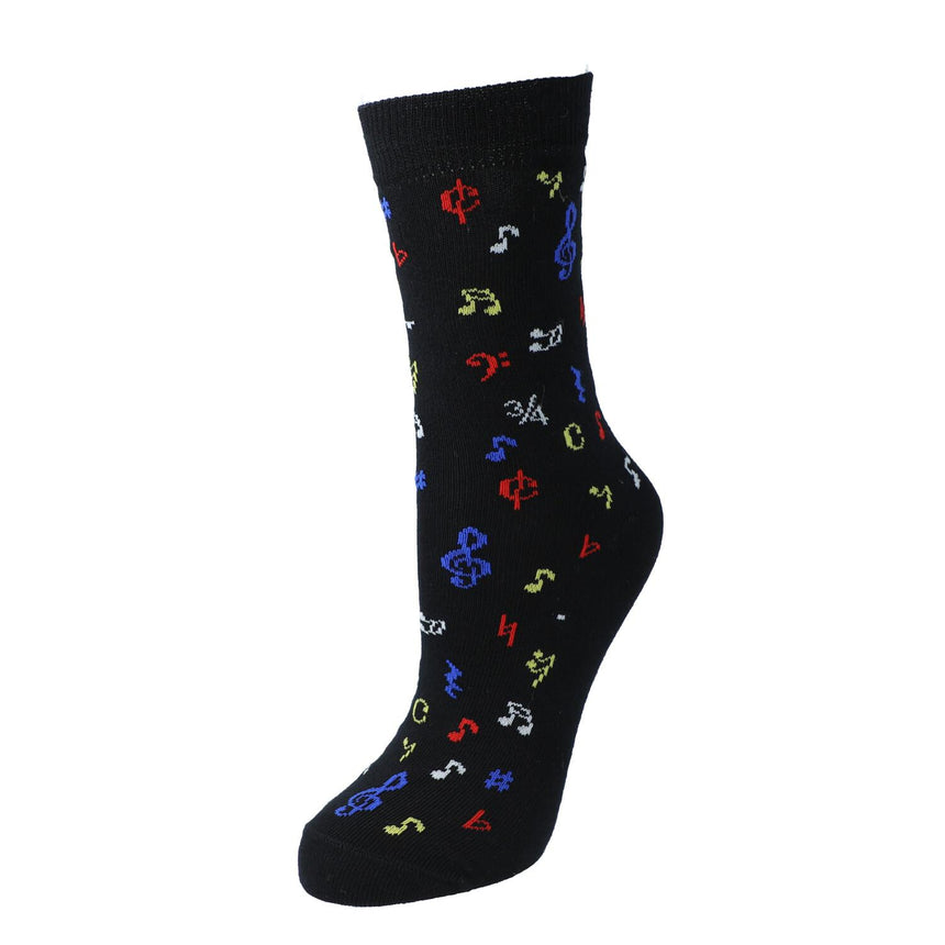 Kübler SOBU Noten bunt Socken – schwarze Socke gespannt, Motiv bunte Noten auf weißem Hintergrund