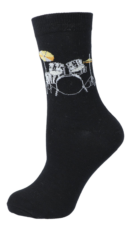 Black Kübler sock stretched to show the drum kit pattern, on white