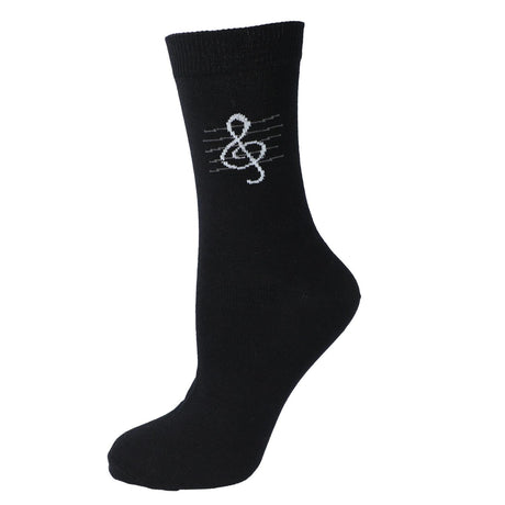 Kübler SOGC Violinschlüssel Socken – schwarze Socke gespannt, Motiv Violinschlüssel auf weißem Hintergrund
